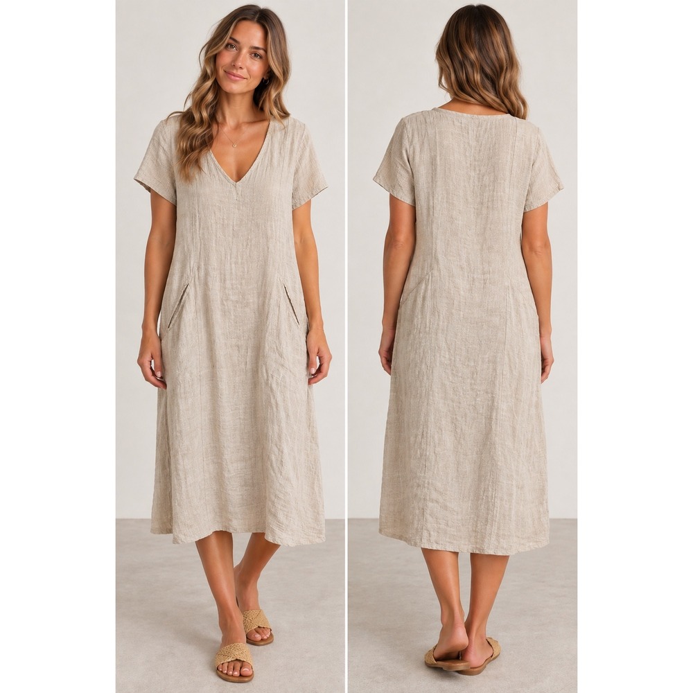 FLAX 100% Linen Midi Dress Short Sleeve Pockets Beige Lagenlook Womens Small